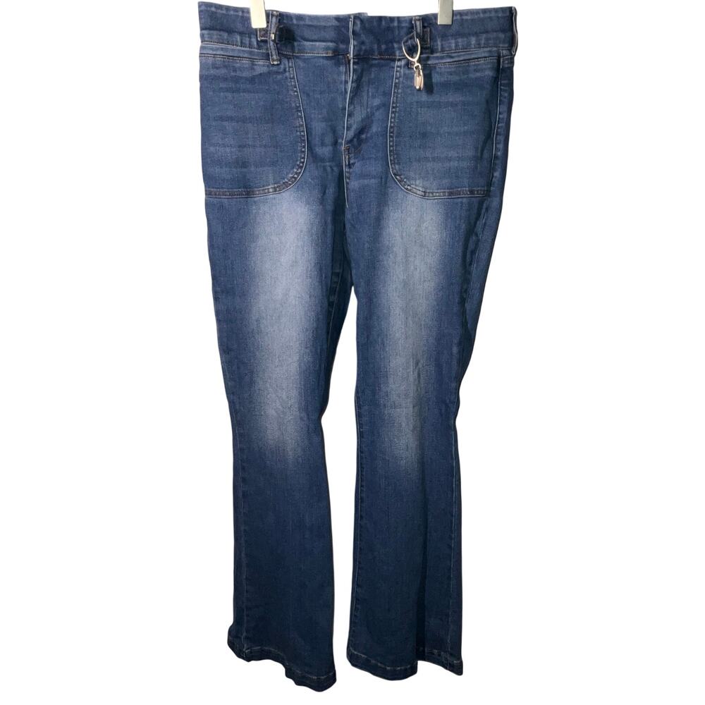 Indigo Poppy Flare Elastic Waistband Denim Blue Jeans Size 14